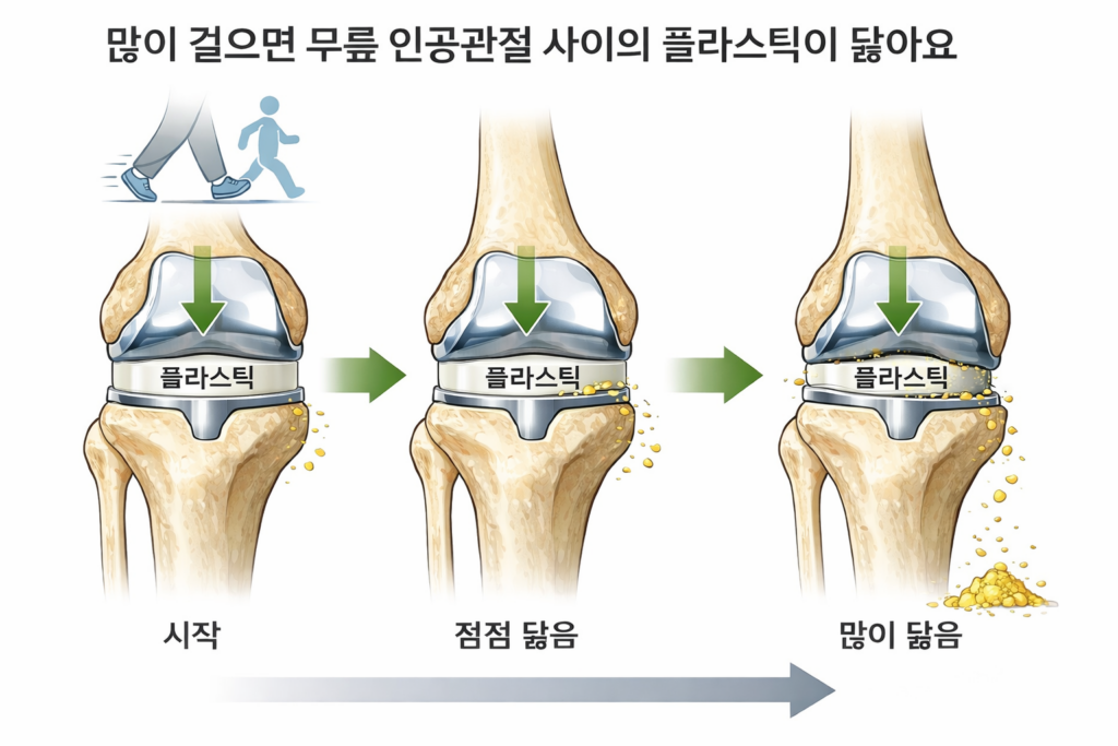 무릎 인공관절 수술 후 많이 걸을수록 금속 사이에 있는 플라스틱 완충재가 점차 마모되는 과정을 단계별로 보여주는 의료 일러스트