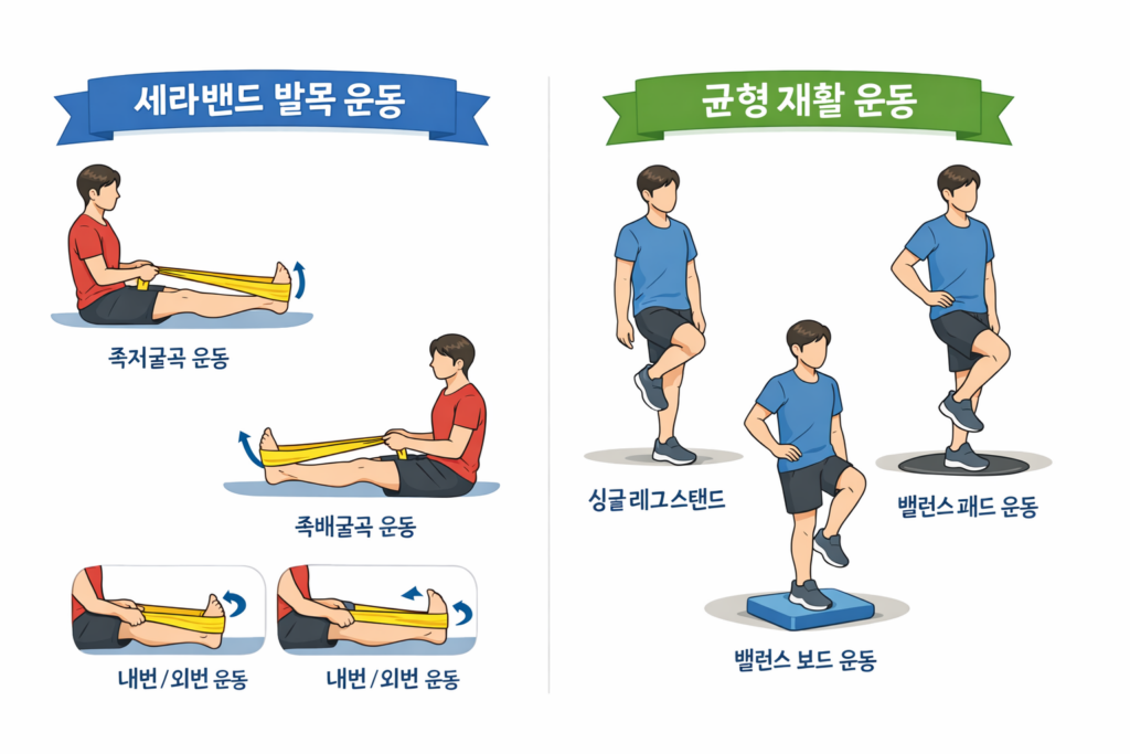 세라밴드를 이용한 발목 근력 강화 운동과 균형 감각 회복을 위한 재활 운동 일러스트