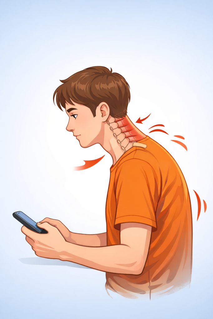 스마트폰을 보며 고개가 앞으로 나온 거북목 자세를 취하고 있는 사람의 측면 일러스트